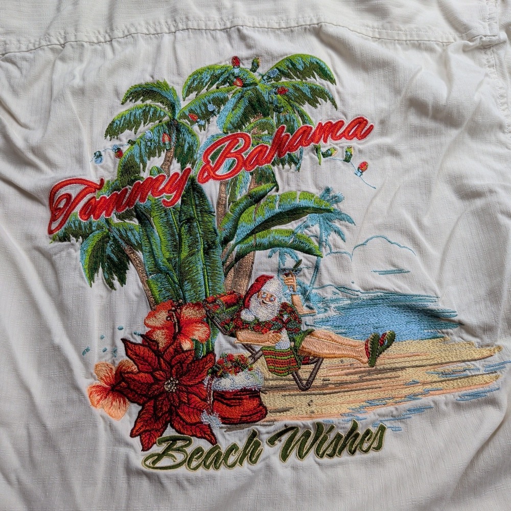 Tommy Bahama Hawaiian Shirt Mens XS Silk "Beach Wishes" Christmas Embroidered